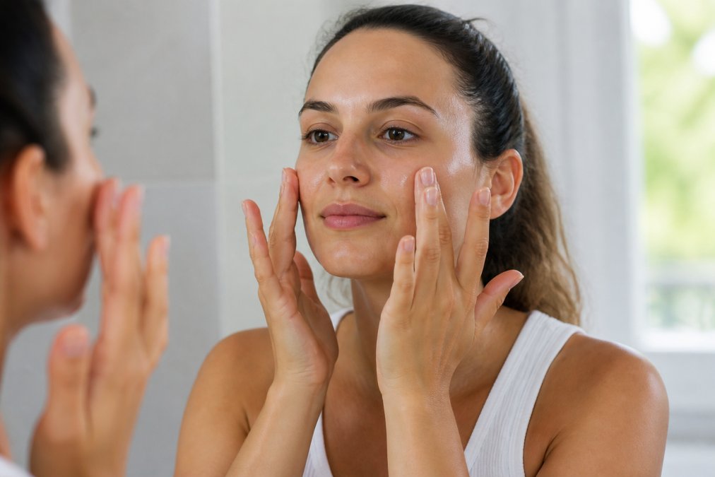 Person applying hydrating serum to clean, damp facial skin with fingertips, showing proper technique in bright bathroom with natural lighting