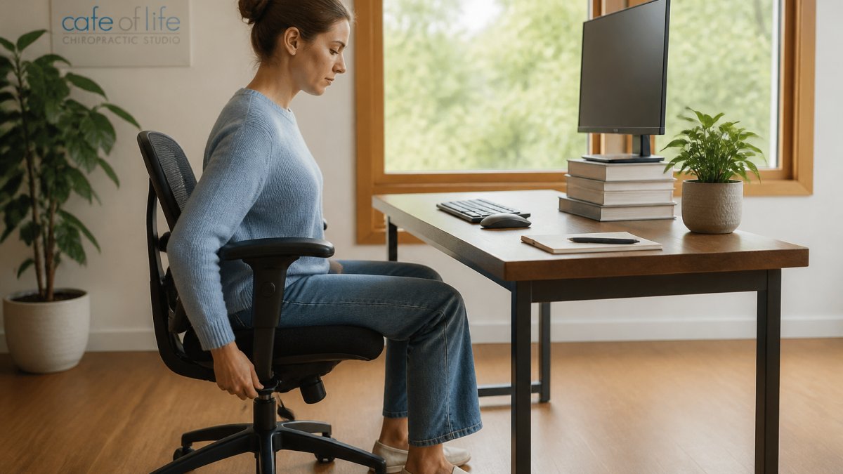 A person adjusting their office chair height at a home desk, with a monitor raised on a stack of books and feet resting flat on the floor, shot in natural daylight