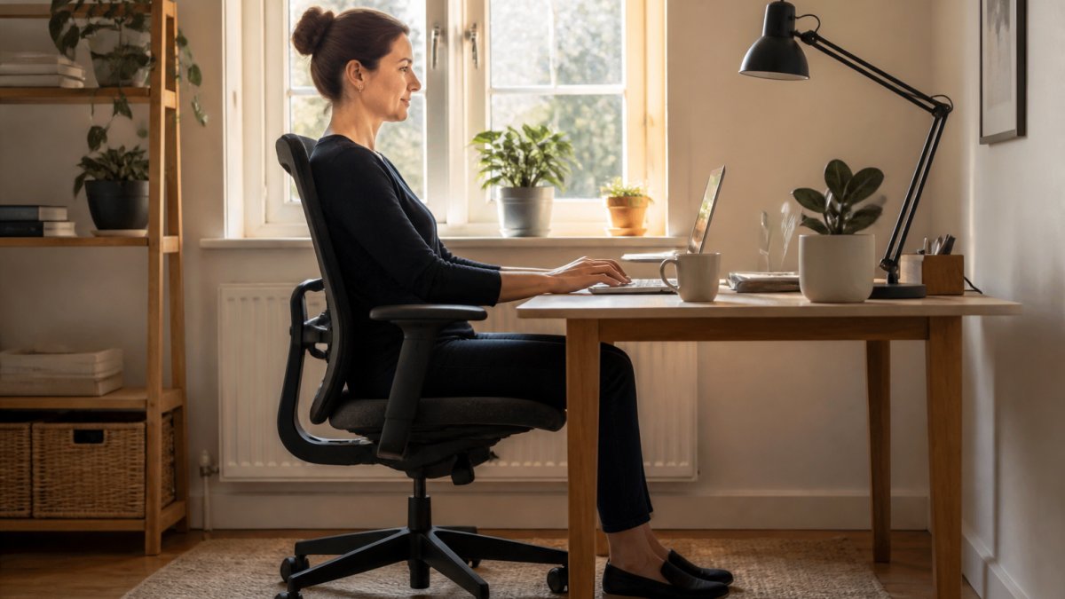 Office worker seated at desk with correct posture: monitor at eye level, shoulders relaxed, feet flat on floor, chair supporting lower back, natural window lighting