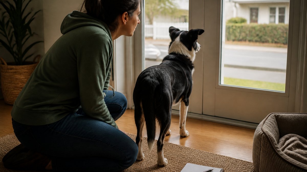 Owner observing their dog's body language near a window to diagnose dog barking triggers