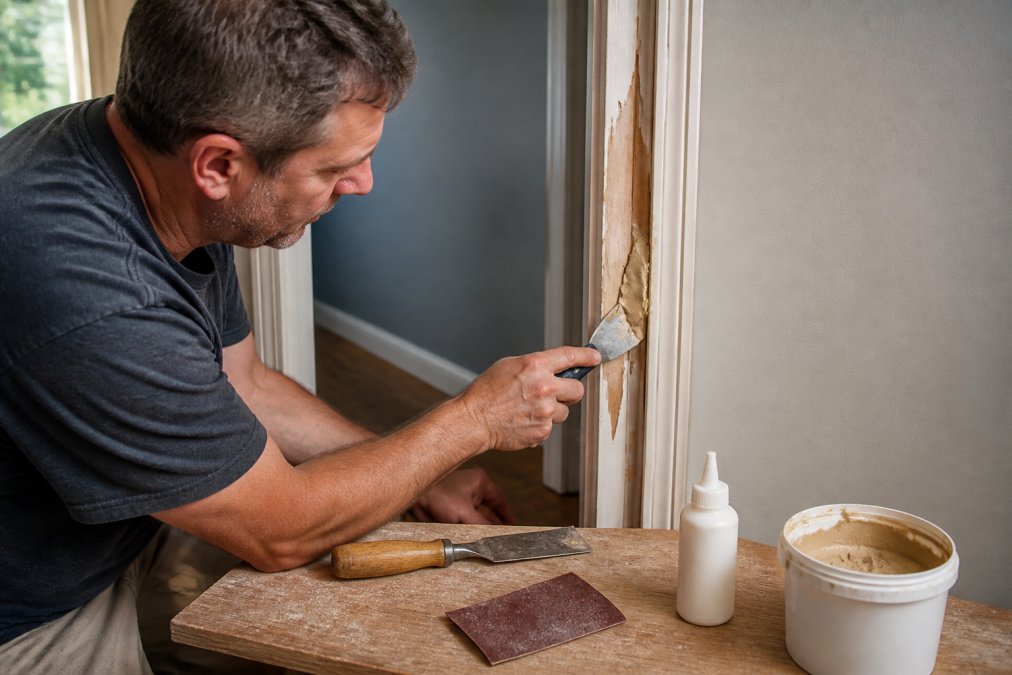 Close-up of a homeowner's hands using a putty knife to apply wood filler to a damaged door frame section, with a chisel, sandpaper, and wood glue arranged on a nearby work surface