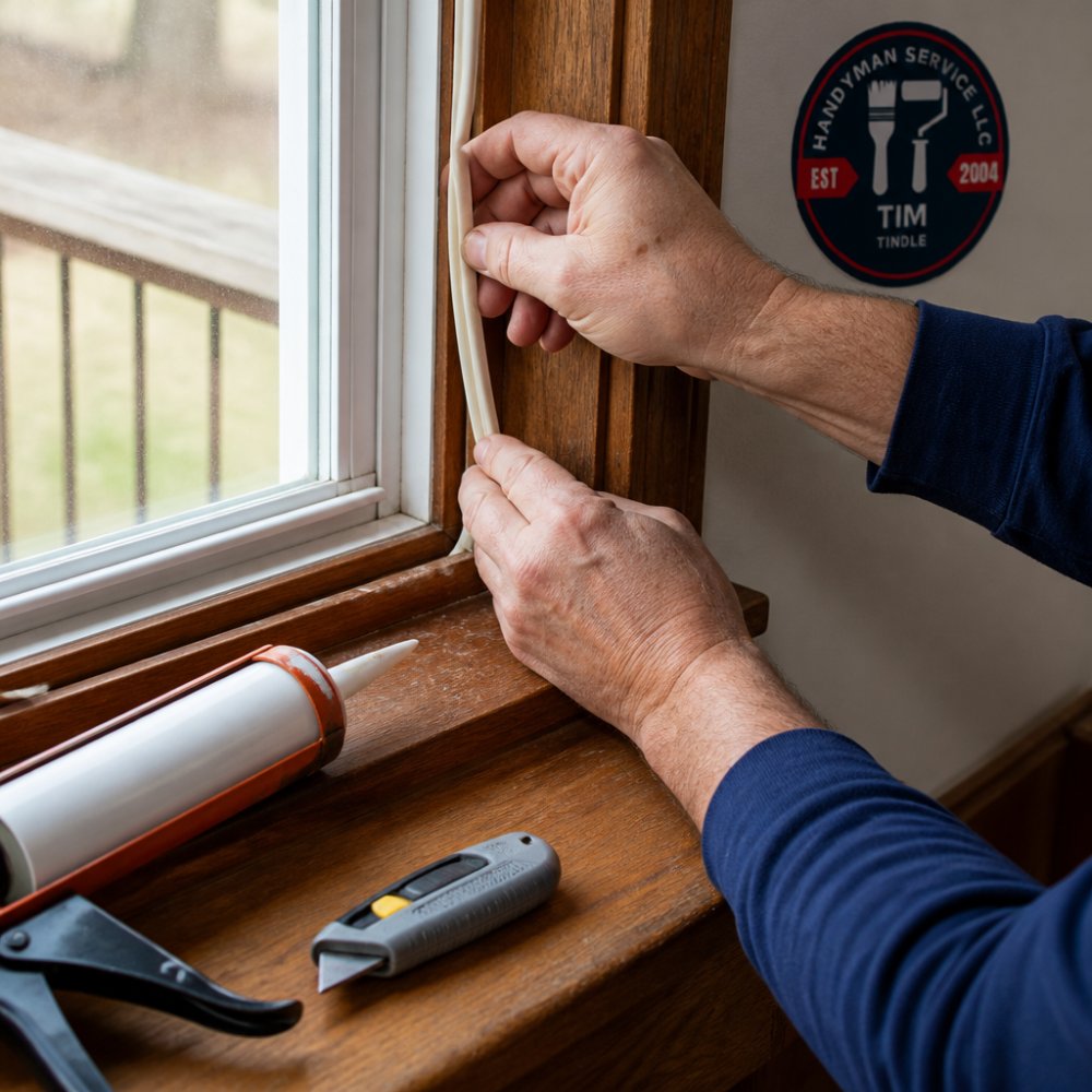 Close-up of a homeowner's hands pressing weatherstripping into the gap along a wooden window sash, with a caulk gun and utility knife resting on the sill nearby