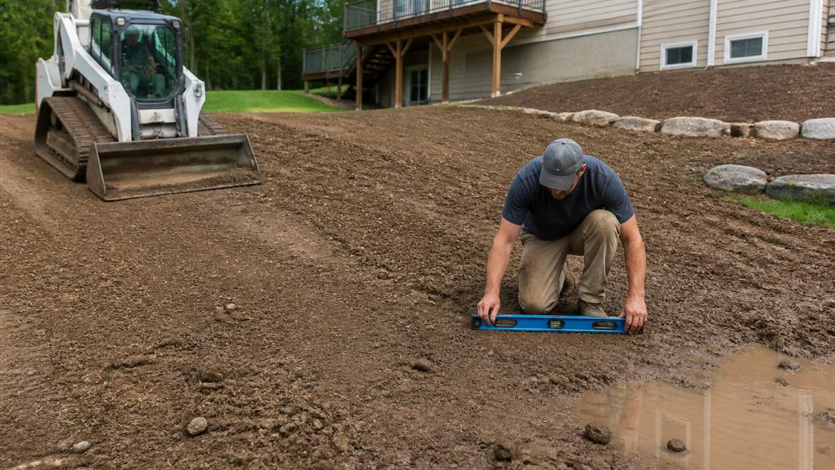 Worker using a level to grade a sloped yard to fix drainage issues
