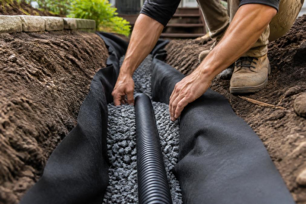 Hands laying perforated agricultural pipe in a trench with gravel backfill and landscape fabric visible, showing proper installation technique
