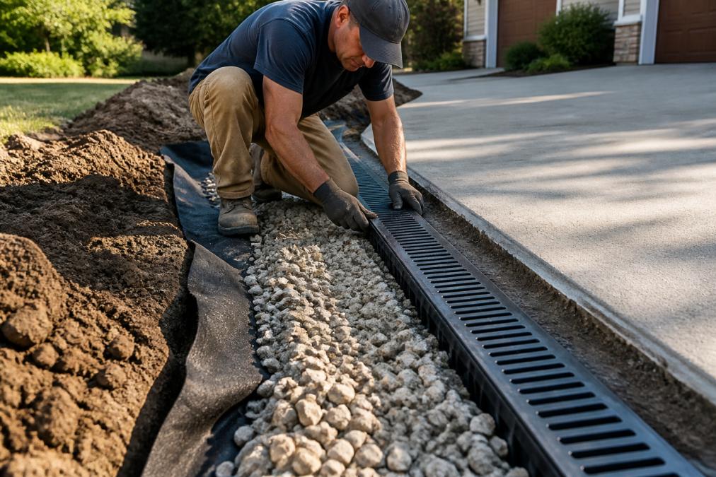 A worker in work boots kneeling while installing a trench drain with a metal drainage grate along the edge of a residential driveway, surrounded by excavated earth, gravel, and geotextile fabric in afternoon light