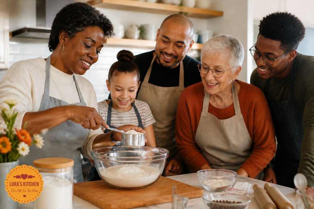 Close-up of hands using a scoop-and-level method to measure flour into a bowl, with a diverse group of bakers of different ages, ethnicities, and genders gathered around a bright kitchen counter watching and smiling