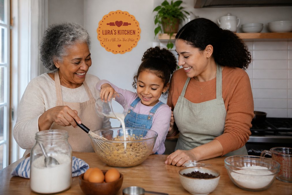 A multi-generational family baking together in a bright kitchen, a young child, parent, and grandparent mixing cookie dough in a bowl with milk being added, showing diverse representation and genuine interaction