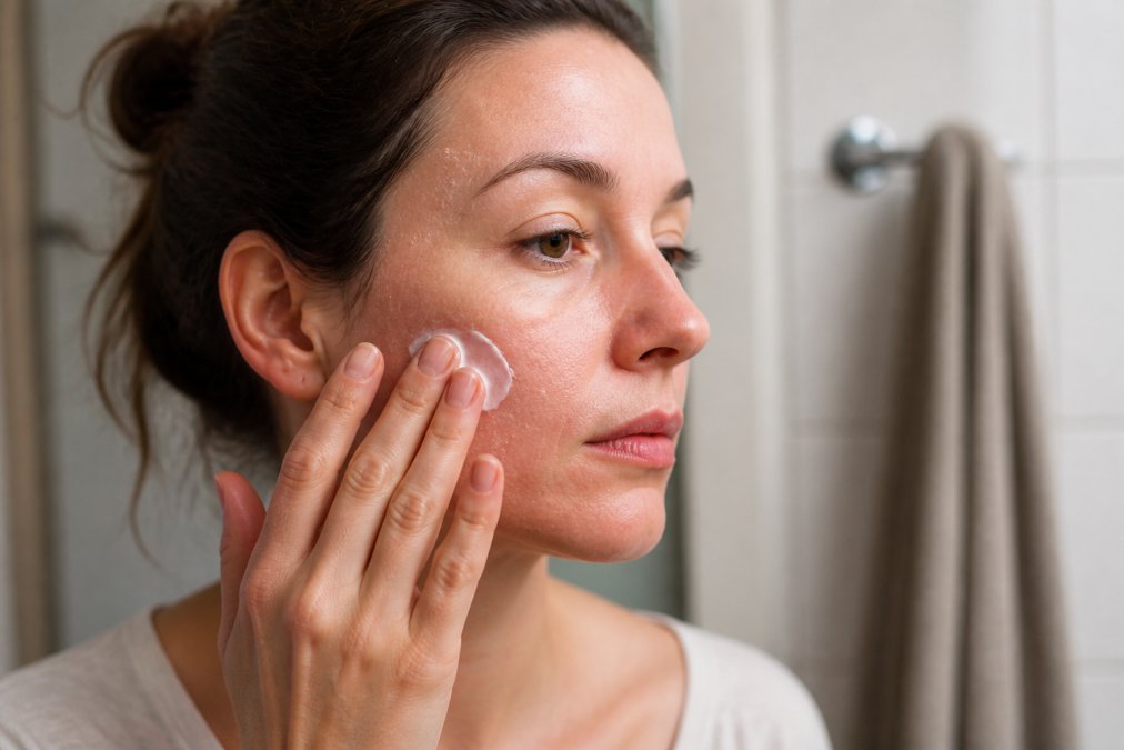 Close-up of a woman with dry flaky skin gently applying a ceramide night cream to her face in a softly lit bathroom, calm and focused expression