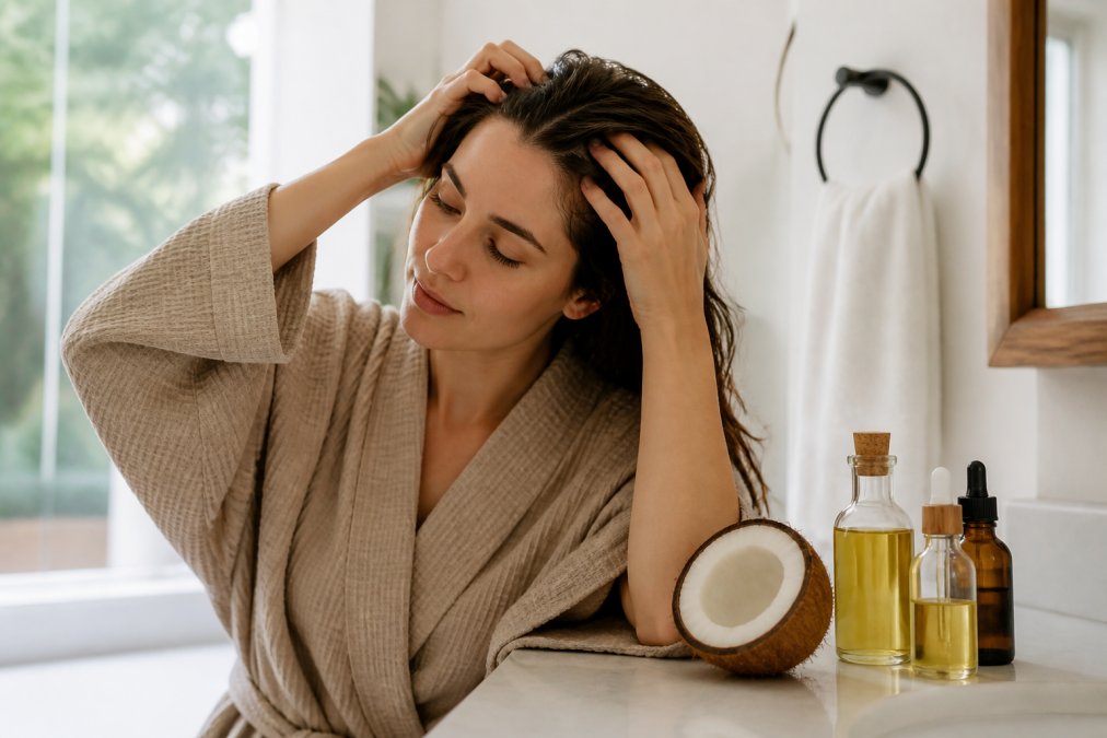 Woman applying soothing coconut oil to her dry itchy scalp in a calm bathroom setting