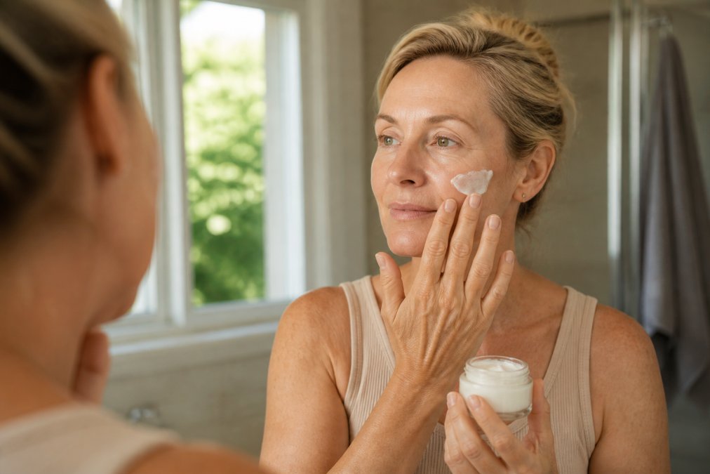 A woman in her late 40s with glowing skin gently applying a small amount of white cream from a glass jar to her cheek, soft-focus bathroom background with natural daylight