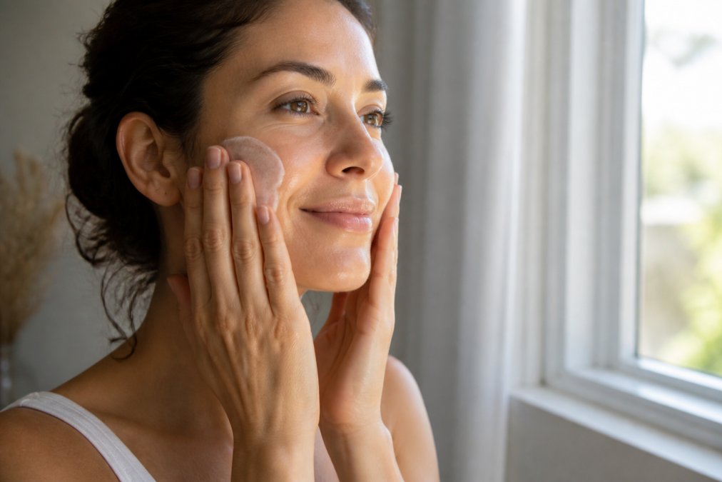 Step-by-step diagram showing how to apply rich cream to fix dry skin barrier with gentle upward facial motions.