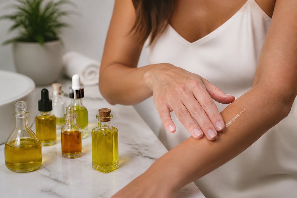 Close-up of a woman's hands applying golden oil to her forearm, with small glass bottles of natural oils arranged on a marble bathroom counter nearby