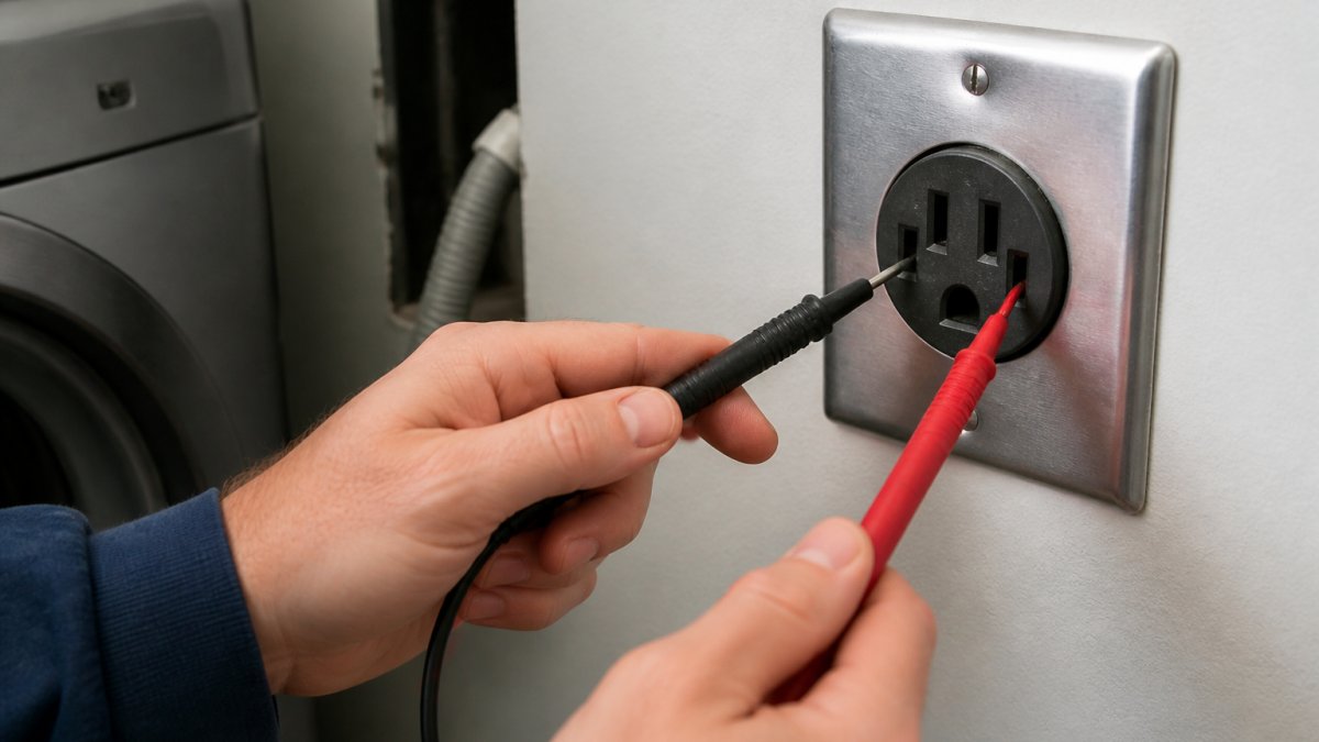 Multimeter probes on a 240-volt dryer receptacle with the dryer unplugged, showing the two hot slots being tested