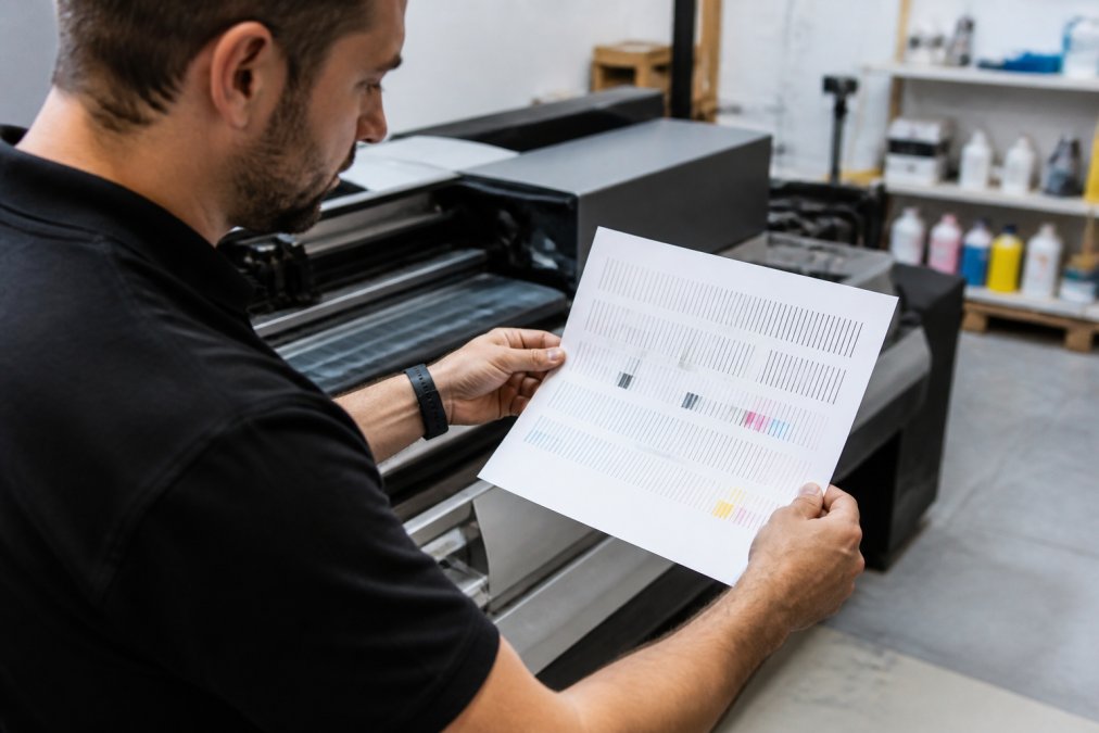 Technician examining a nozzle test print pattern on DTF printer output, holding the test sheet under bright workshop lighting to inspect for missing lines and gaps