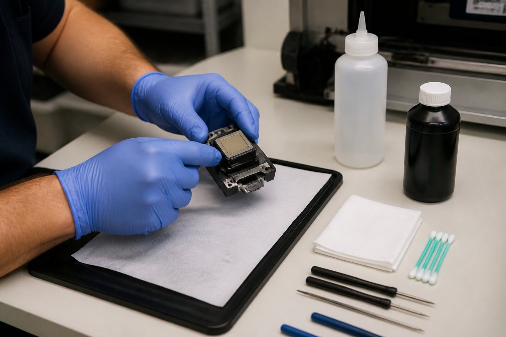 Experienced technician carefully handling a DTF printhead over a cleaning workbench, with cleaning solution, lint-free cloths, and specialized tools arranged neatly nearby