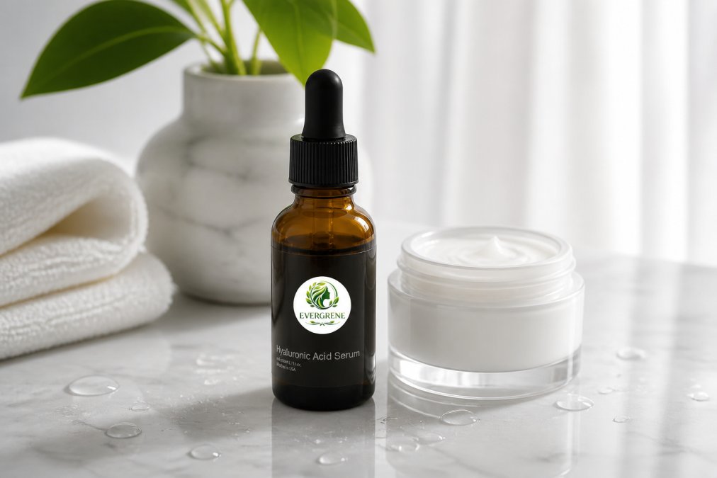 Close-up of a serum bottle and moisturizer arranged on a clean white marble surface with a few water droplets nearby, soft natural diffused window lighting