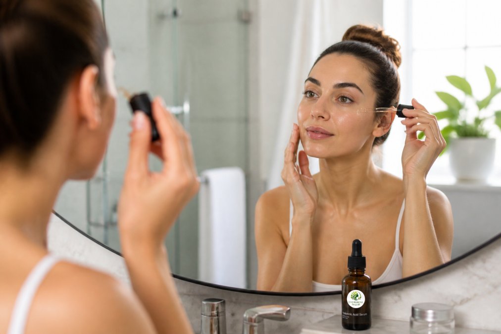 A woman in her early 30s applying a clear serum to her face in a bright minimal bathroom, looking calmly at her reflection in a large mirror, warm morning light