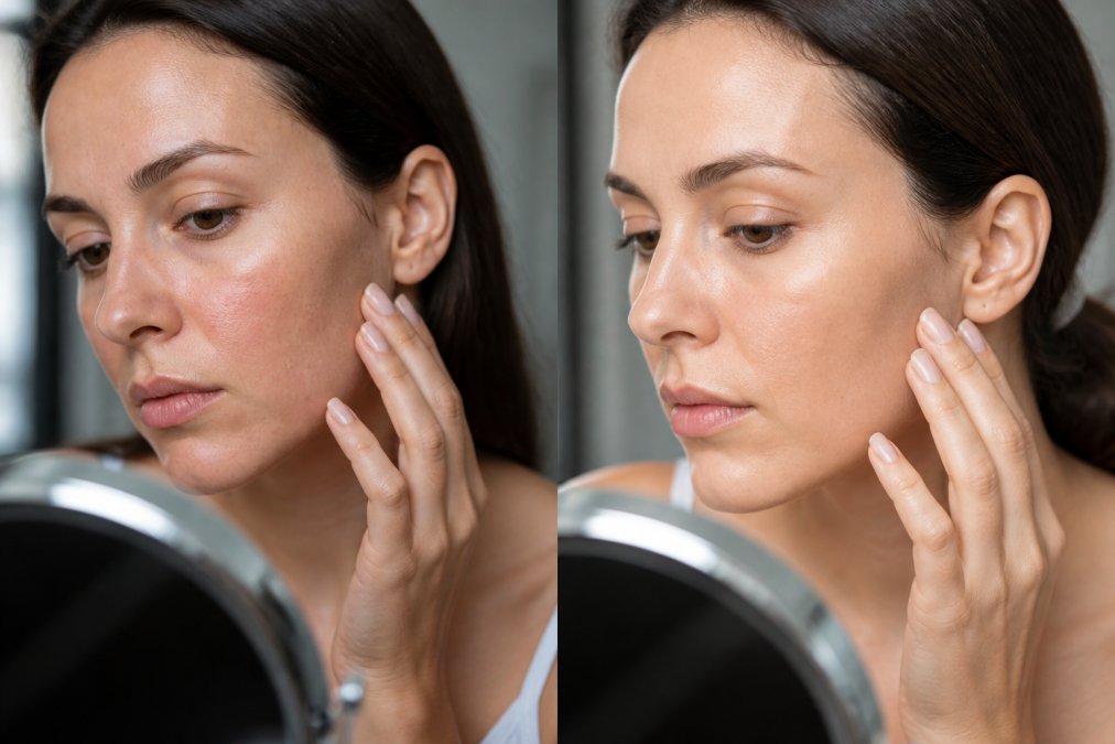 Close-up of a woman gently touching her cheek in soft natural light, examining her skin texture in a mirror with a calm, thoughtful expression
