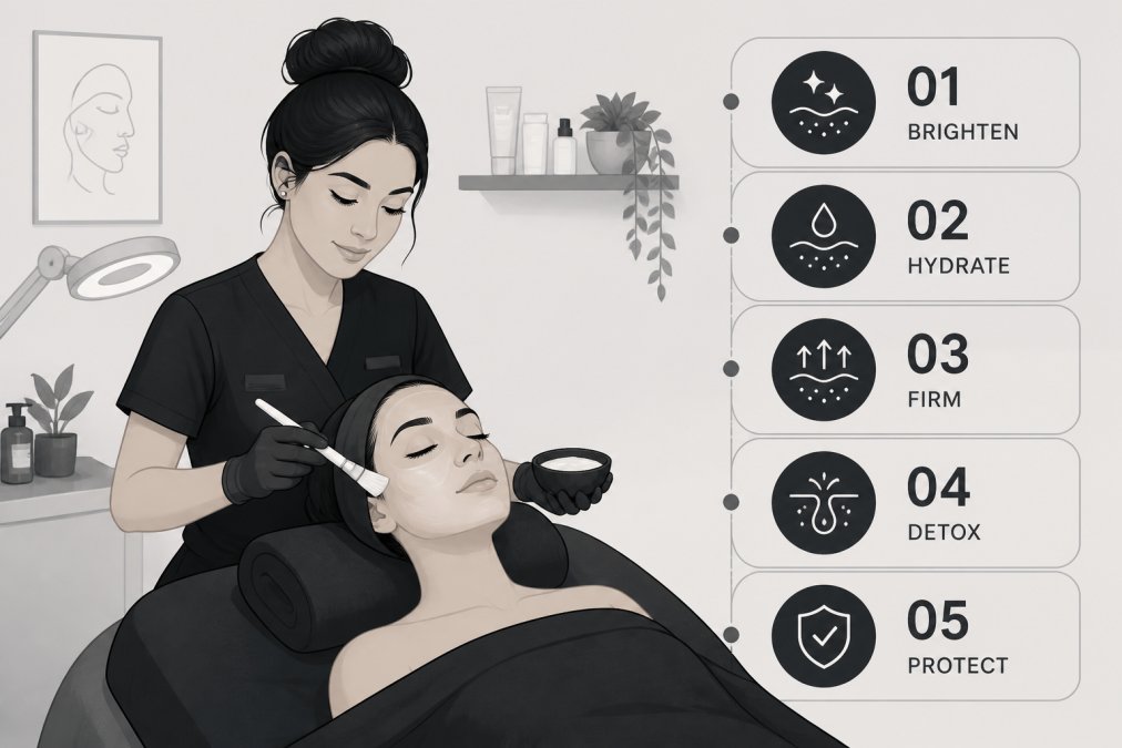 Licensed esthetician applying a brightening facial treatment to a relaxed client lying on a treatment table in a clean, softly lit skincare studio