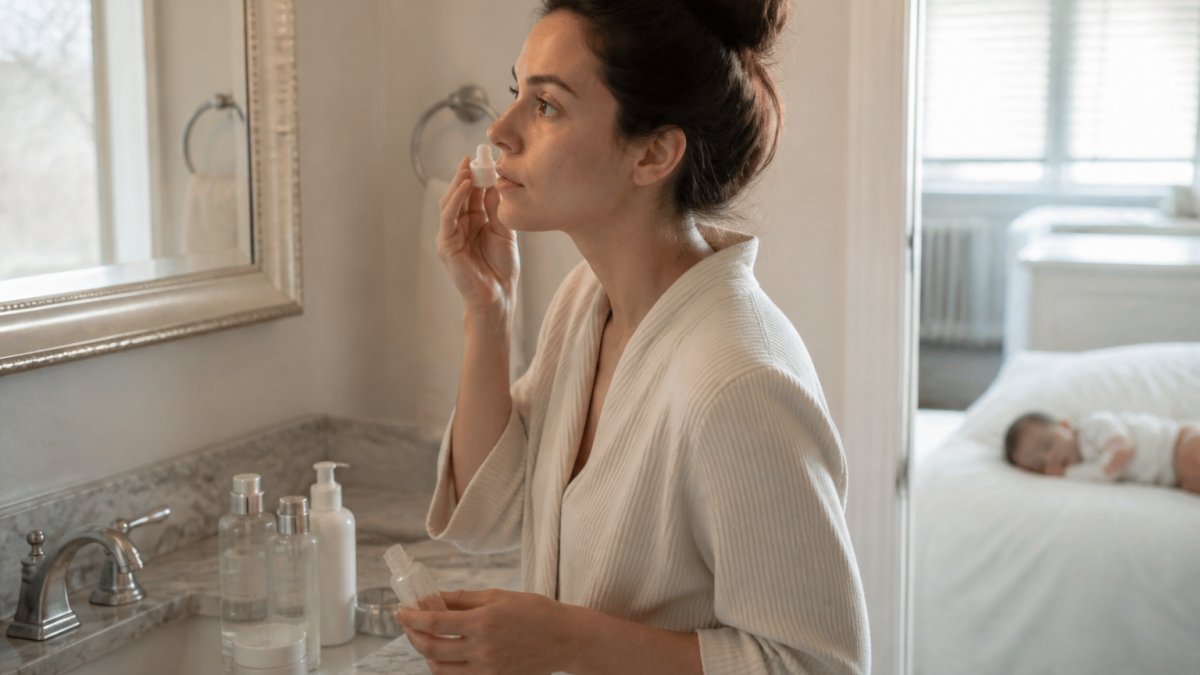 New mother in soft morning light applying serum to her face at a bathroom sink, with skincare products arranged on a marble counter nearby