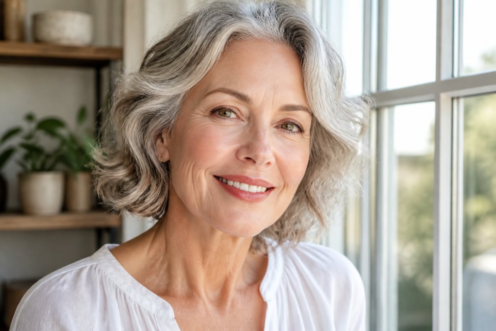 Close-up of a woman over 50 with glowing, radiant skin and light natural makeup, smiling confidently in soft natural daylight near a window, fine features visible and skin appearing luminous