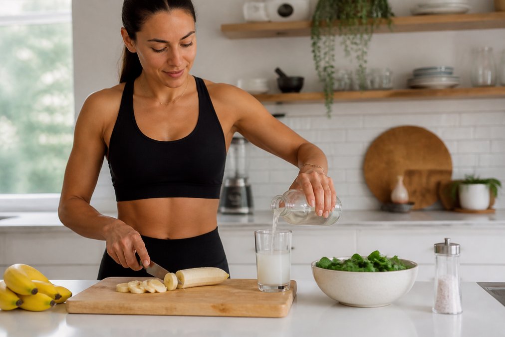A person in workout clothes in a bright kitchen, slicing a banana and pouring coconut water into a glass, with a bowl of leafy greens and a salt shaker on the counter
