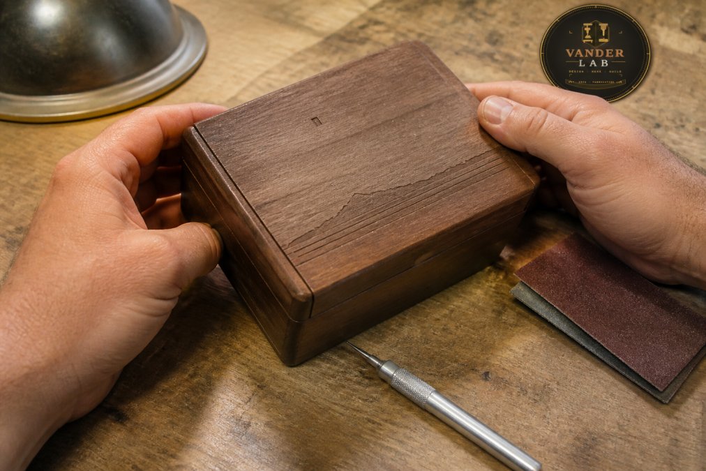 Close-up of hands examining a wooden gift box with a shallow engraving error under bright workbench lighting, with sandpaper and a small detail tool nearby
