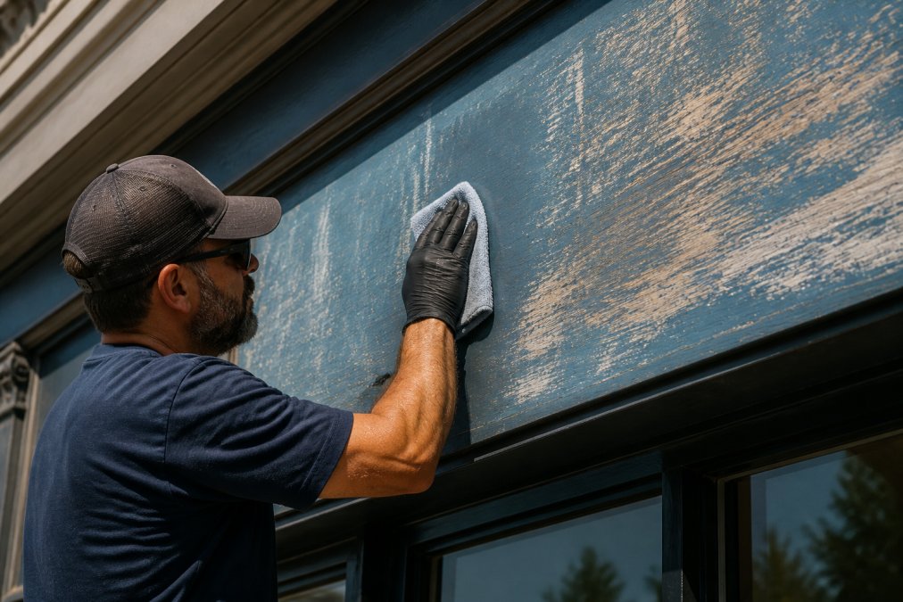Professional sign technician using microfiber cloth and non-abrasive cleaner on a faded painted business sign mounted on a storefront, carefully working the cloth across the weathered surface in afternoon sunlight