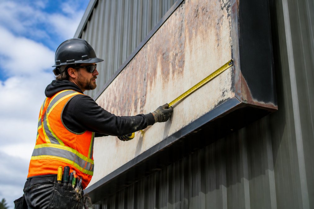 Professional sign technician in safety equipment inspecting and measuring an outdoor metal business sign mounted on a building exterior, using a measuring tape and examining the faded surface closely