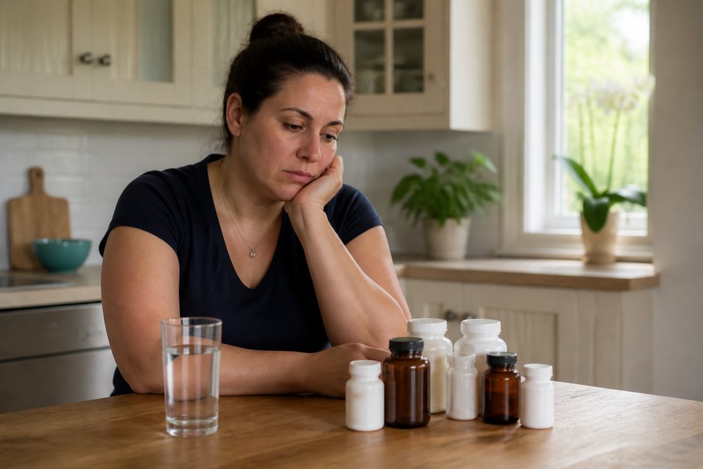 A person sitting at a kitchen table looking tired, resting their chin on one hand, with a glass of water and several vitamin supplement bottles visible on the counter in soft morning light