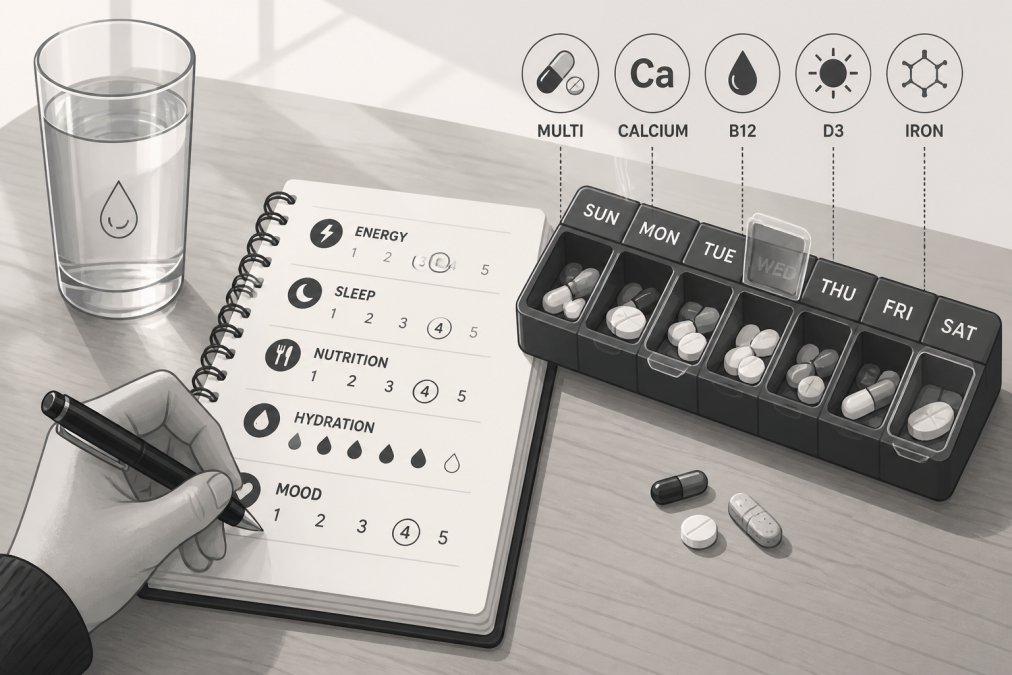Close-up of a hand writing notes in a health tracking journal, with a glass of water and a weekly pill organizer filled with supplements resting on a wooden table in natural light