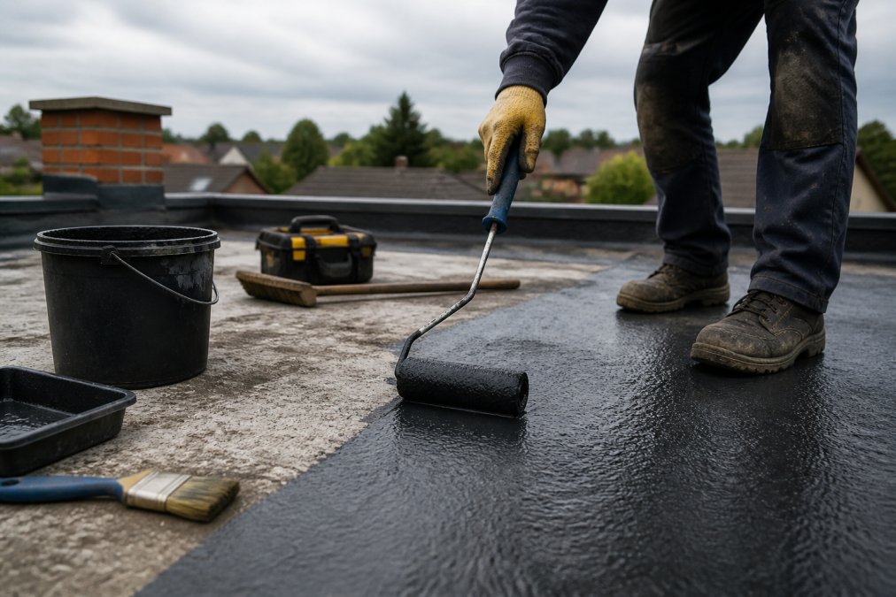 A roofer in work boots and heavy-duty gloves applying liquid rubber sealant to a flat roof surface using a paint roller, working on a dry overcast day with rooftop tools visible nearby