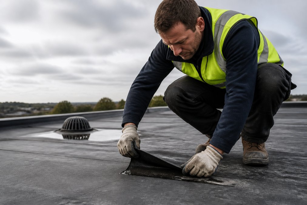 A professional roofing contractor in a high-visibility vest crouching on a flat roof, examining a lifted membrane seam close-up with gloved hands, on a dry overcast day with rooftop drainage visible in the background