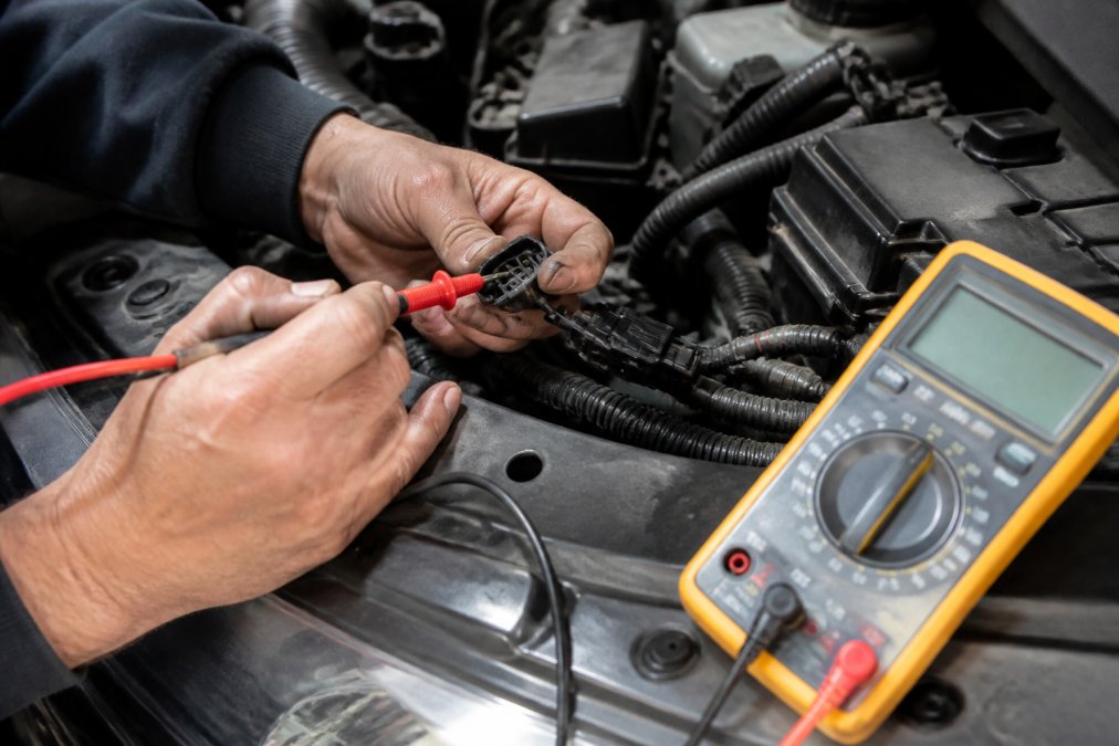 Mechanic using a digital multimeter to test voltage at a car headlight connector