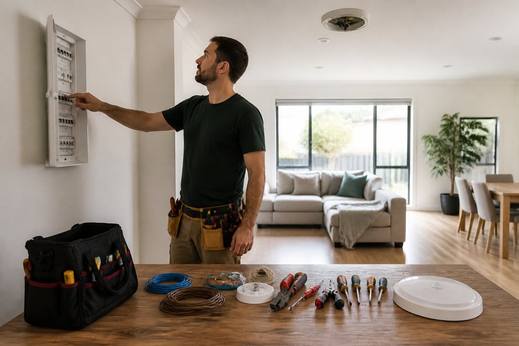 Homeowner turning off a wall switch to safely inspect flickering lights in a bright living room