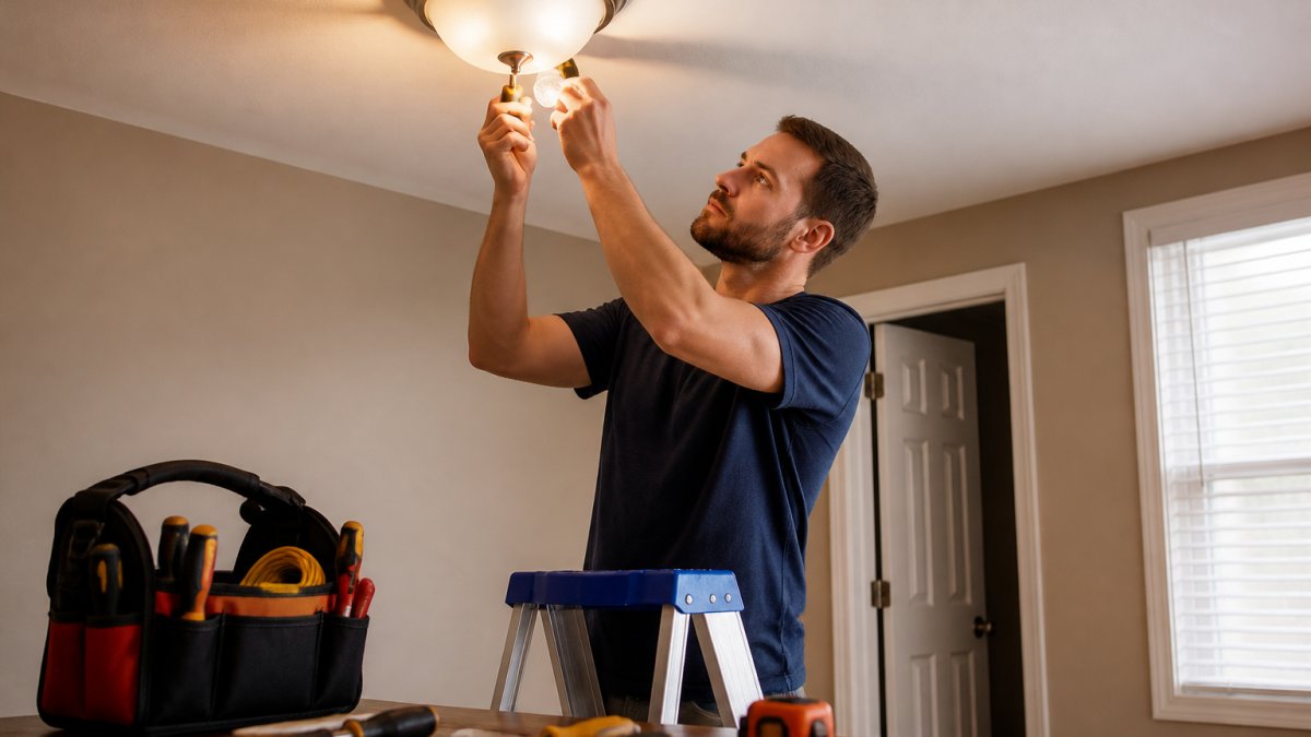 A homeowner standing on a step stool carefully tightening a light bulb in a ceiling fixture with a screwdriver nearby, warm indoor lighting