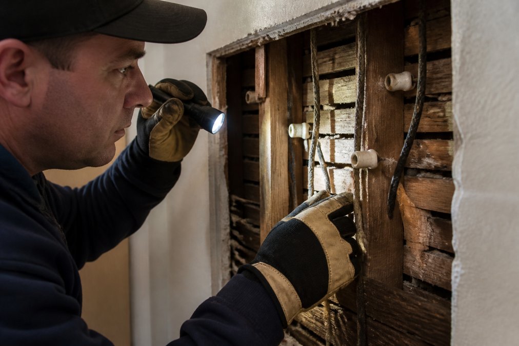 Close-up of a licensed electrician wearing safety gloves and using a flashlight to inspect old knob-and-tube wiring inside an open wall cavity of a historic home, with aged ceramic knobs and cloth-wrapped wires visible in the beam of light