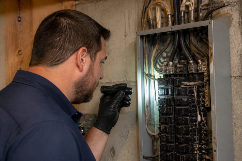 Electrician in a residential utility room examining an older electrical panel with visible breakers, using a flashlight to note discoloration and signs of wear on the panel interior, with aged wiring visible at the top of the panel