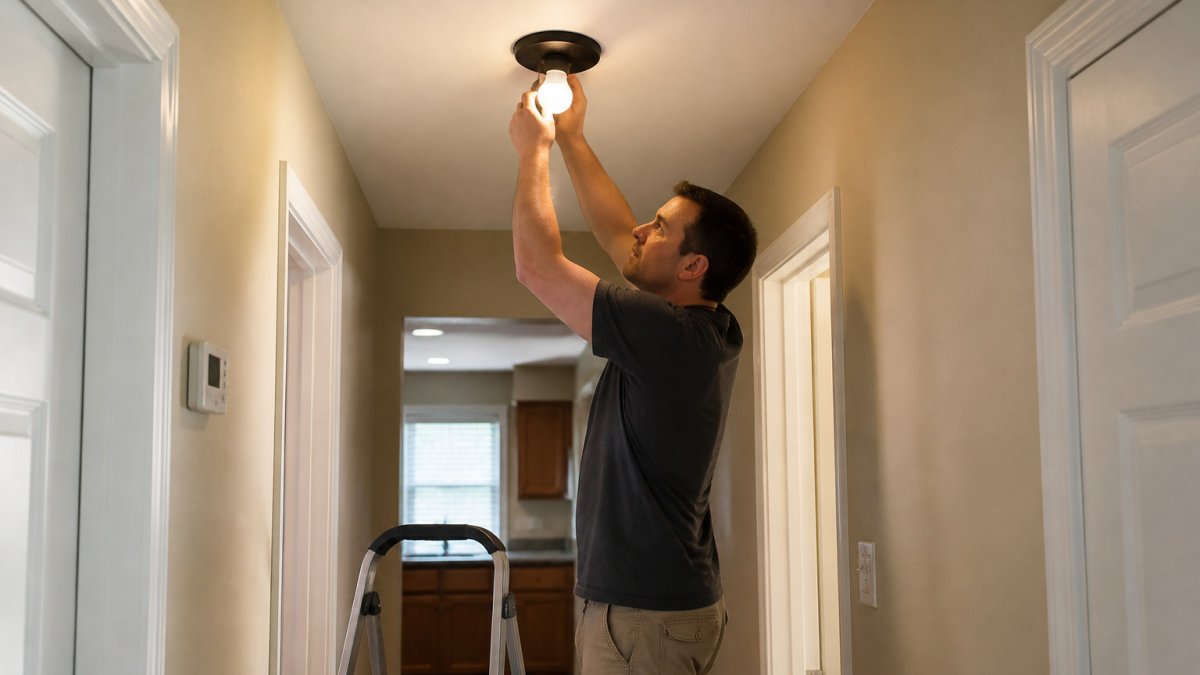 Homeowner standing on a step stool to screw a new LED bulb into a ceiling fixture to fix flickering lights