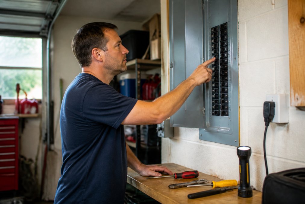A homeowner in a garage standing in front of an open electrical panel, one hand on a labeled circuit breaker switch, flashlight nearby, focused expression