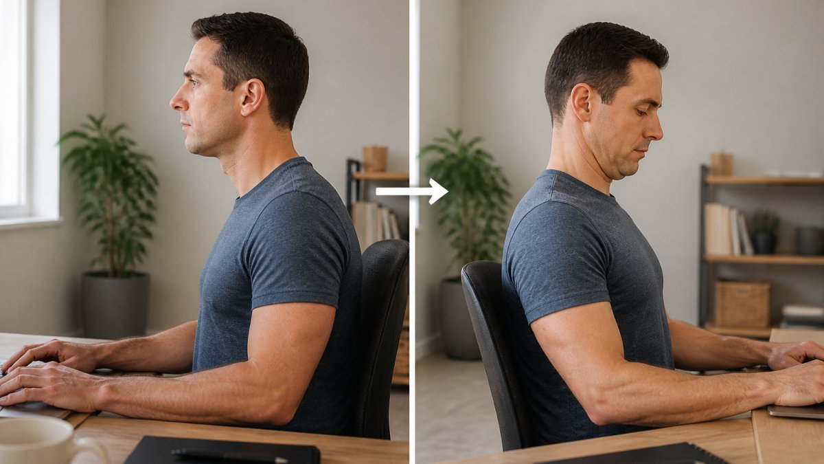Person sitting at desk demonstrating proper chin tuck exercise, showing relaxed head position transitioning to gentle chin retraction with neutral spine alignment