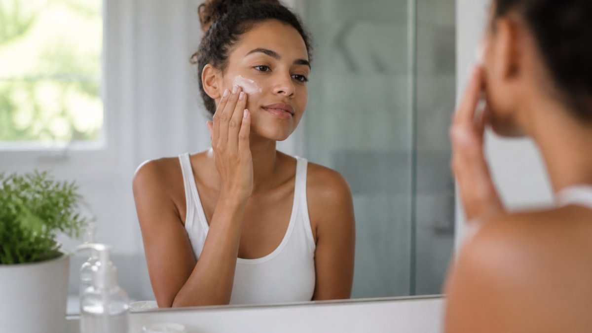 Person applying moisturizer to clean face in bright bathroom with natural lighting, showing proper skin preparation technique before foundation application