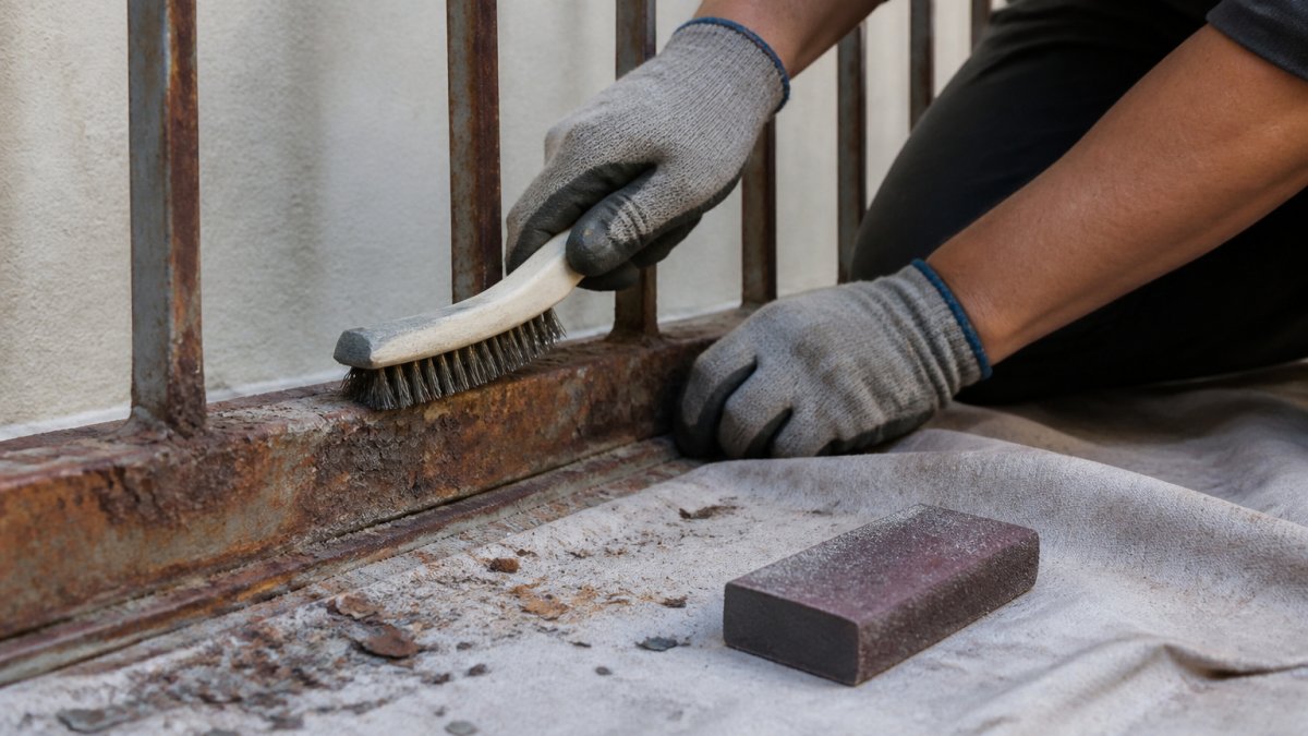 Gloved hands using a wire brush to remove rust and galvanic corrosion from a metal railing section.