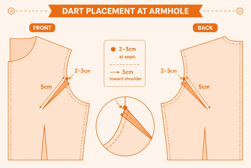 Diagram showing dart placement at armhole with measurements: dart depth 2-3cm at seam, tapering to point 5cm toward shoulder, with front and back view annotations