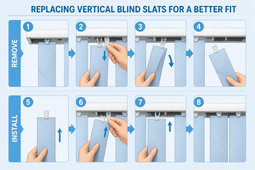Hands carefully removing a damaged vertical blind slat from the headrail and installing a new replacement slat, showing the step-by-step process of aligning and securing the slat hanger into the rail track