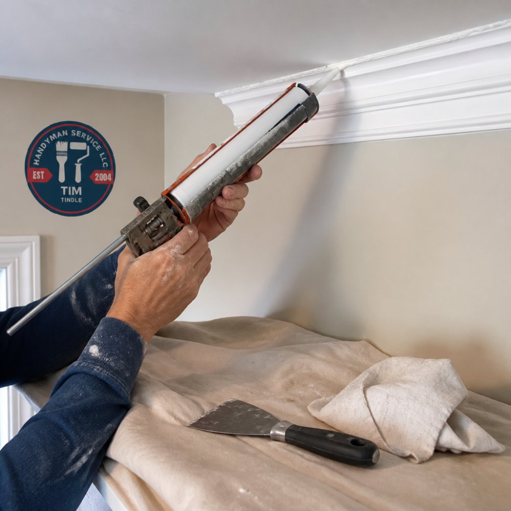 Applying white latex caulk with a gun to fix gaps in crown molding where it meets the ceiling