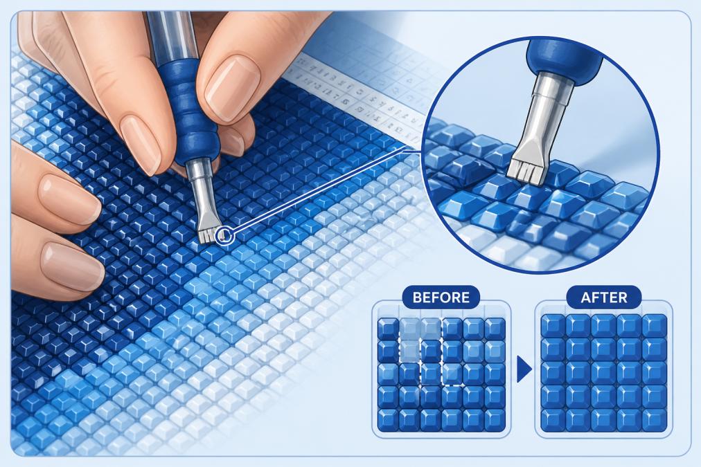 Close-up of hands using a straightening tool on misaligned diamond drills on a canvas, with natural overhead lighting showing the precision technique and the tool's contact point with individual gems