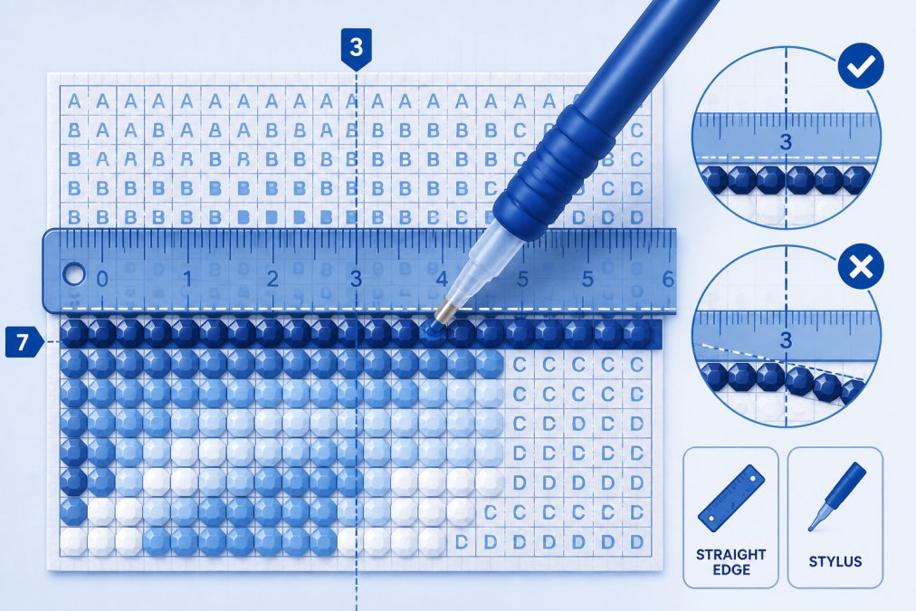 Overhead view of a diamond painting canvas with a straight edge ruler placed along a row and a stylus positioned for precise drill placement, showing grid reference alignment