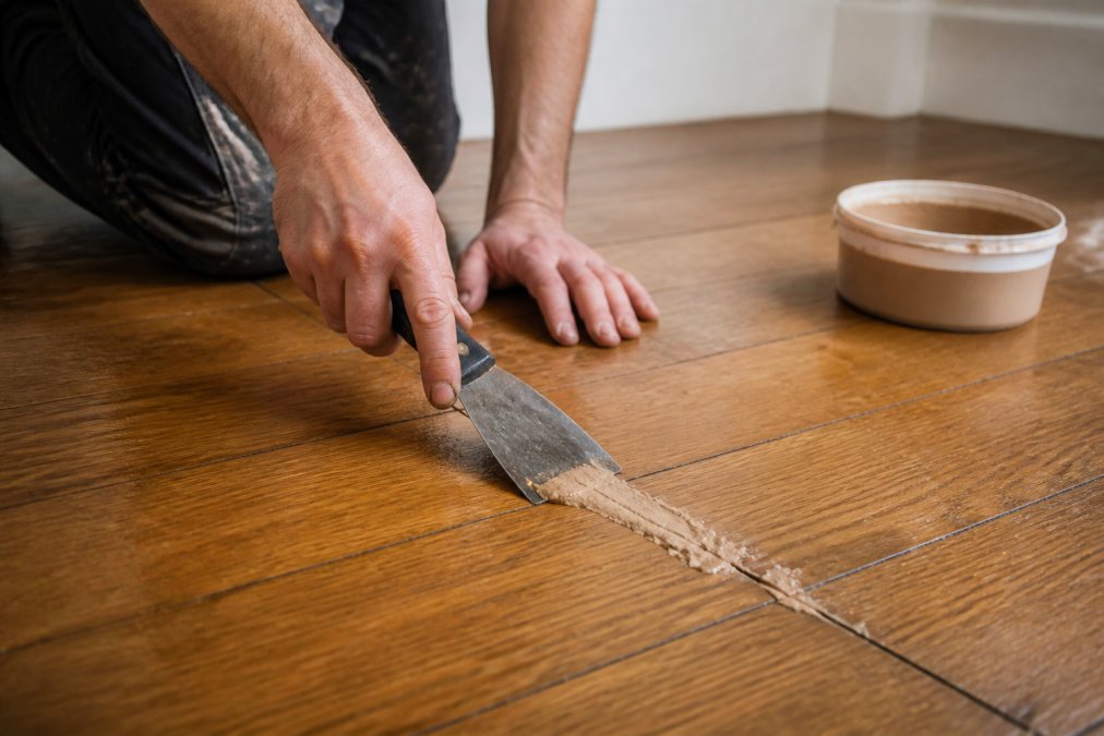 Professional applying wood filler to a hardwood floor gap using a putty knife, showing proper technique and material consistency