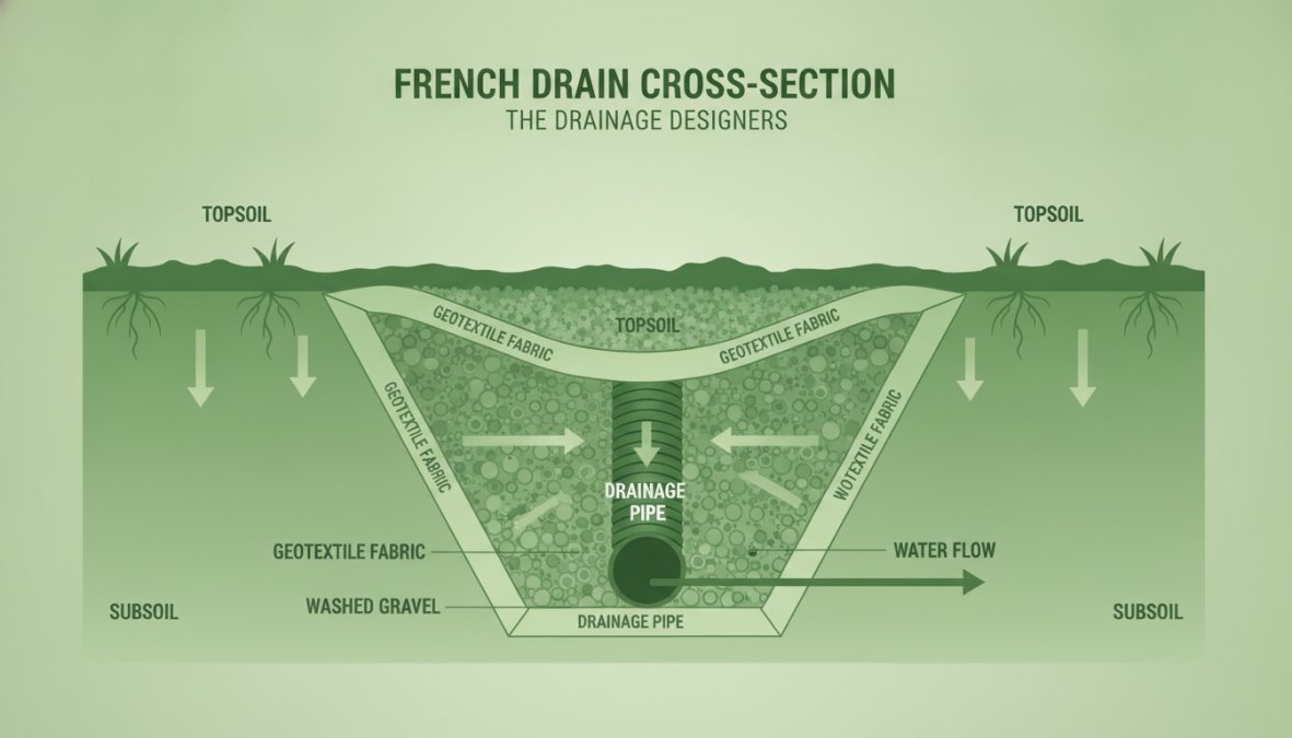 Close-up view of a freshly dug trench in a garden with perforated drainage pipe and gravel layers visible, showing the cross-section of a properly installed French drain system